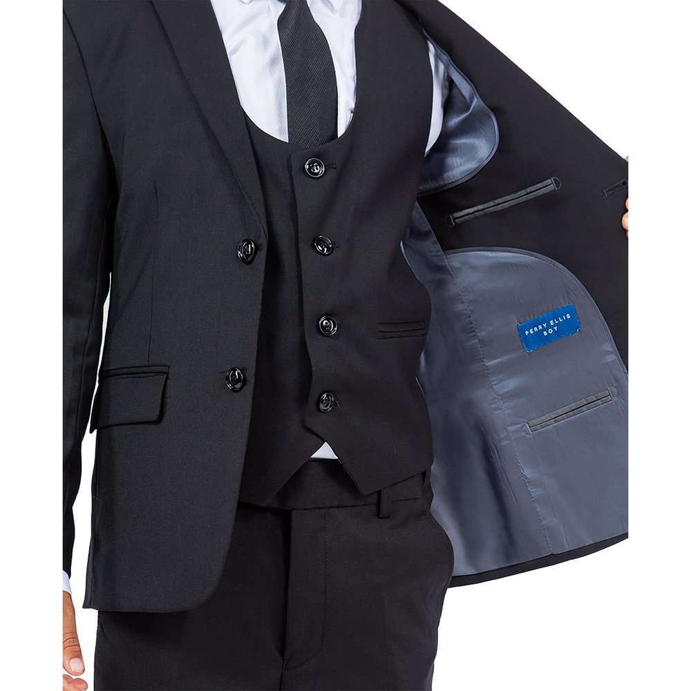 5-Piece Perry Ellis Portfolio Boys Slim Fit Solid Suit, Black - Picture 6 of 8